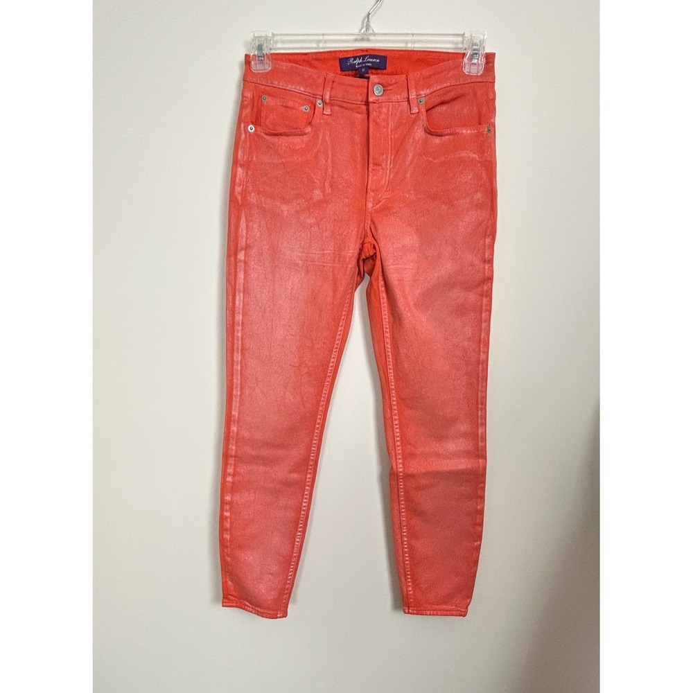 Ralph Lauren Purple Label Jeans Women 27 Orange Metallic Coated Skinny 400